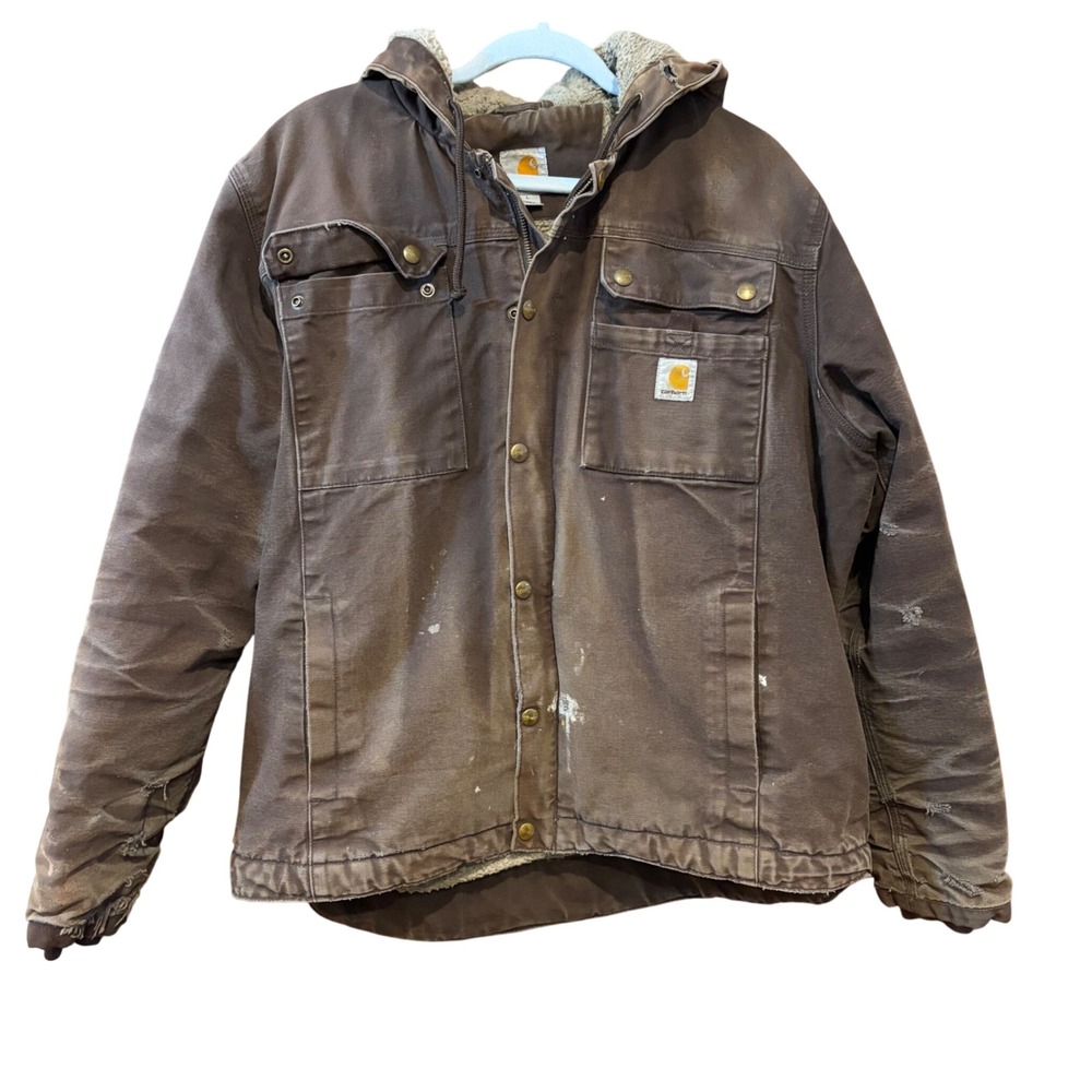 Carhartt 103826 DKB Sherpa Lined Hooded‎ Jacket Mens Large Distressed Workwear